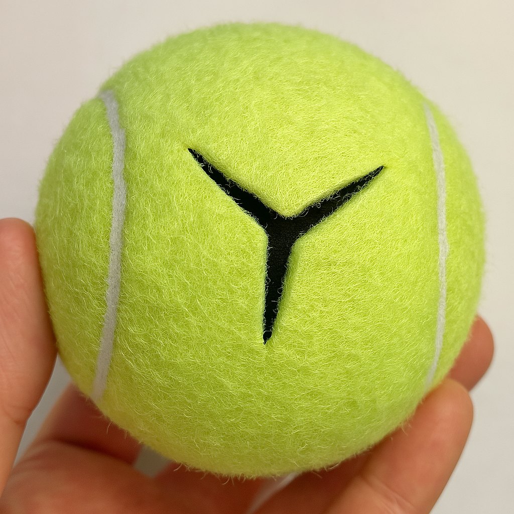 Close-up of a recycled precut tennis ball with a Y-shaped cut